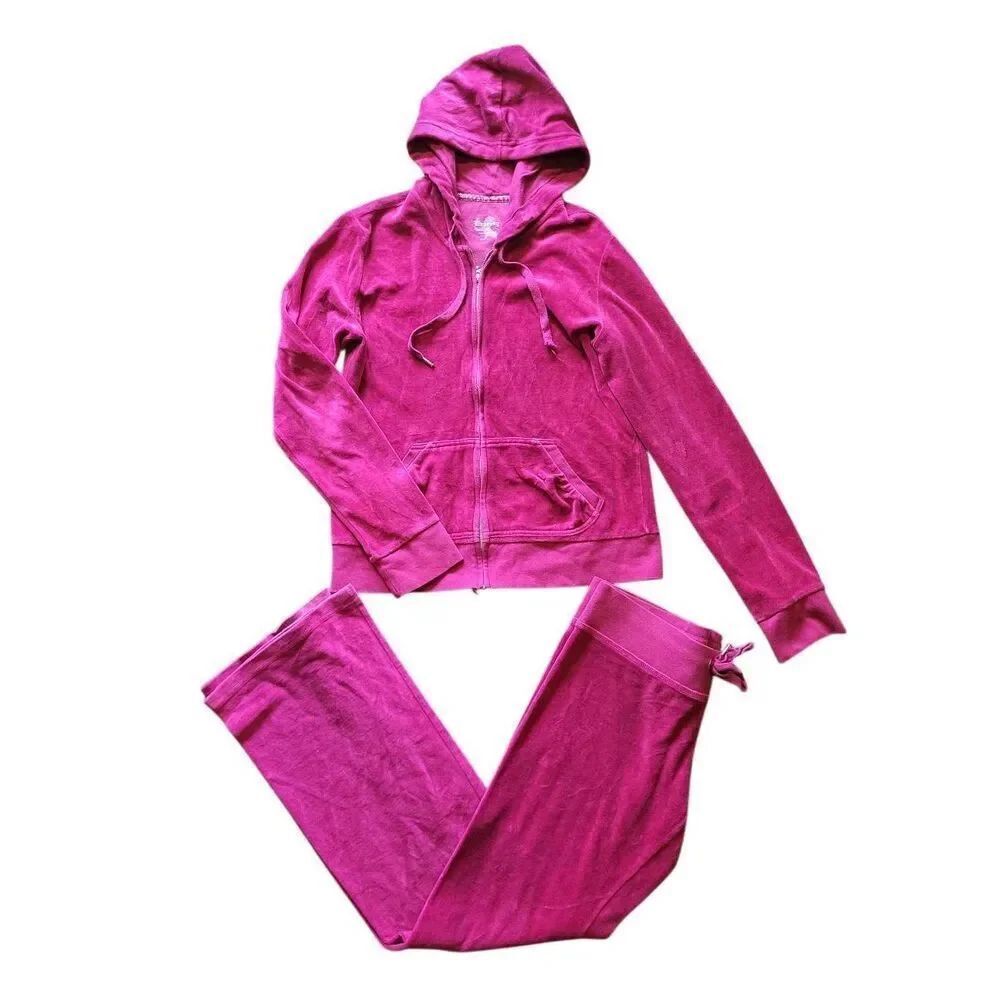 Vintage Express Track Suit Women's Large Fuchsia Pink Velour Low Rise Cozy Y2K